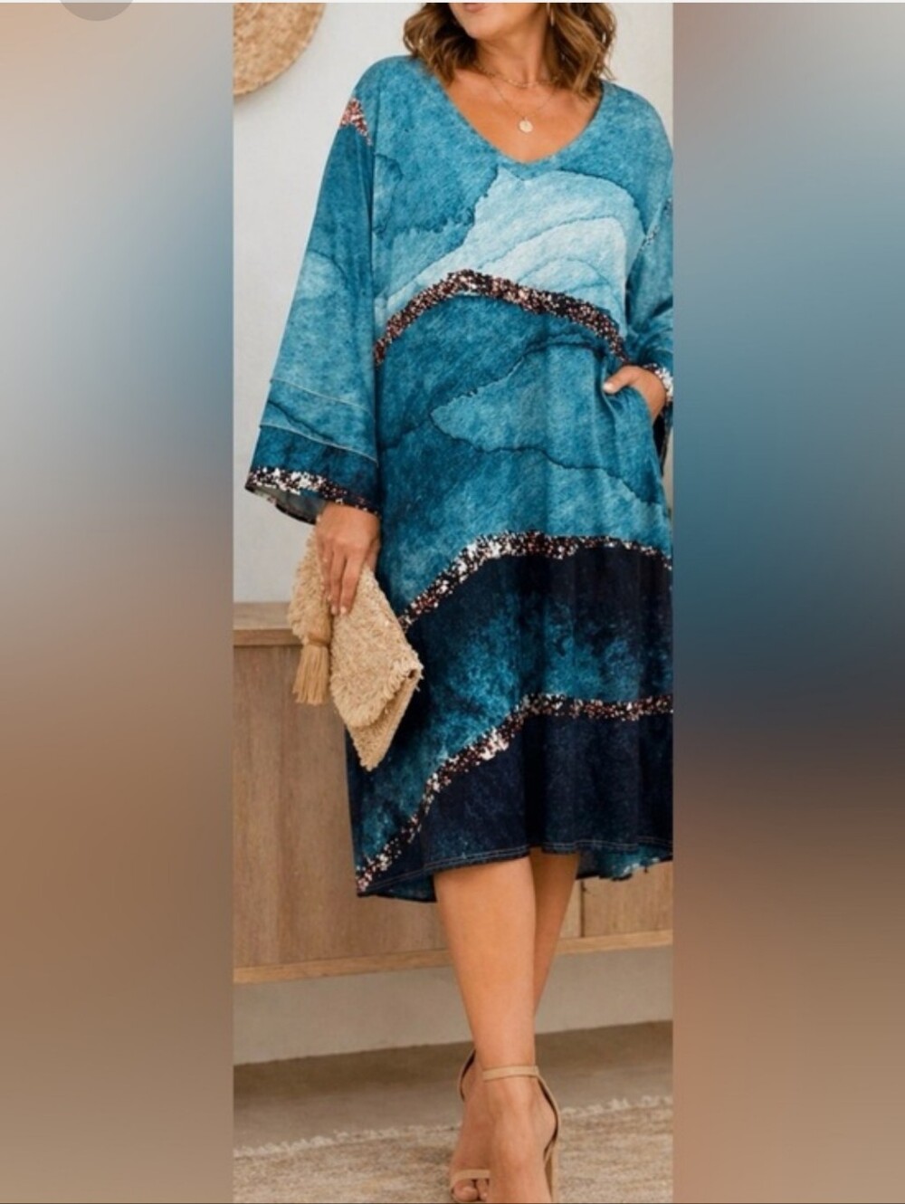 Teal Wave V‑Neck Midi Dress